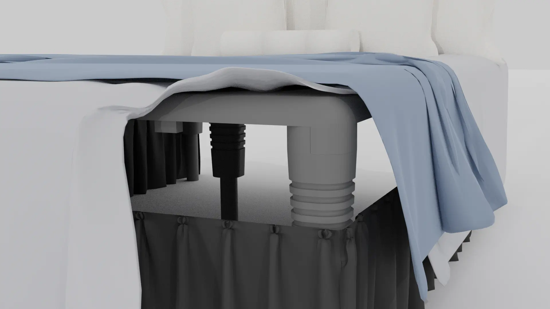 Staged bedroom showing a clean bed silhouette with a ruffled bed skirt for a photo-ready look.
